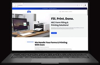 laptop mockup with zia print shop website open into it